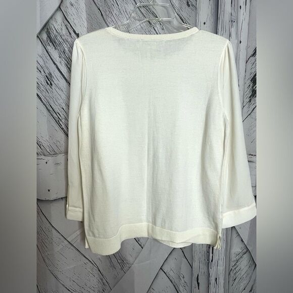 Loft Ivory Cotton Crewneck Sweater with Polyester Sleeves L - Picture 2 of 7